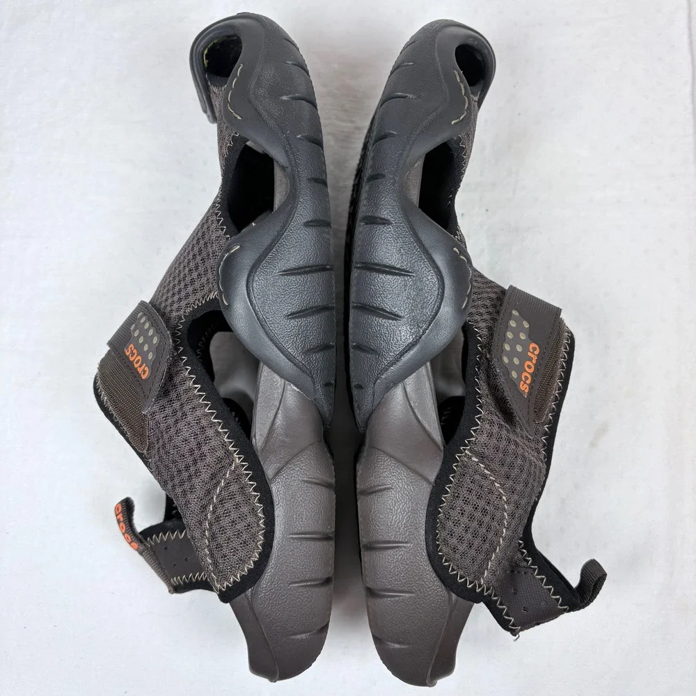 Crocs Swiftwater Mesh Deck Fisherman Sandals Men 12 Brown Water Shoes 15041 EUC